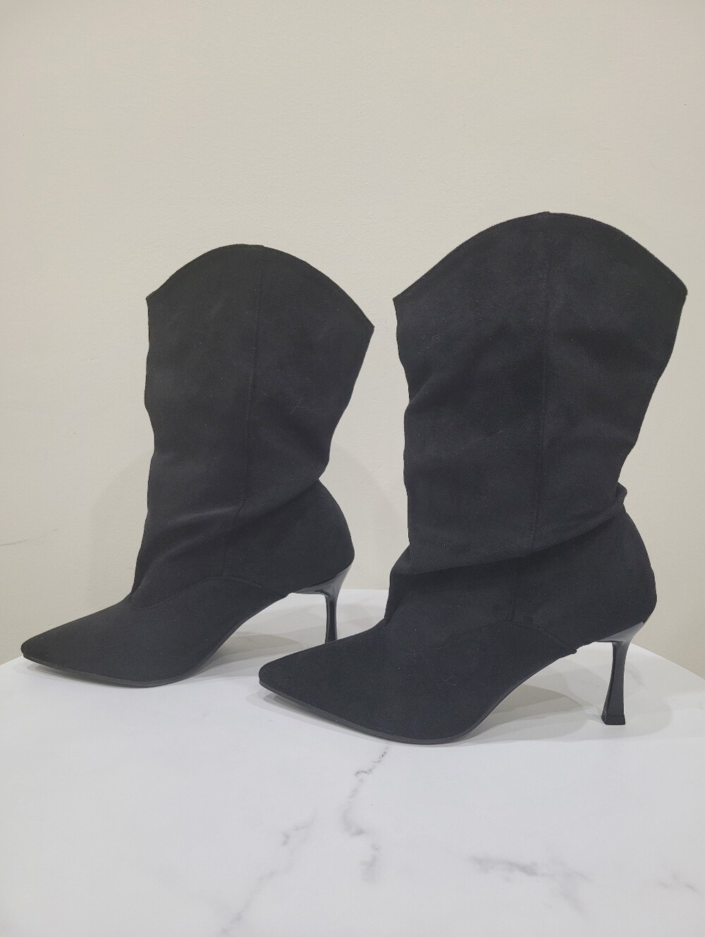 Y2K Black Suede Leather Pointed Toe Heels Boots 7.5 US